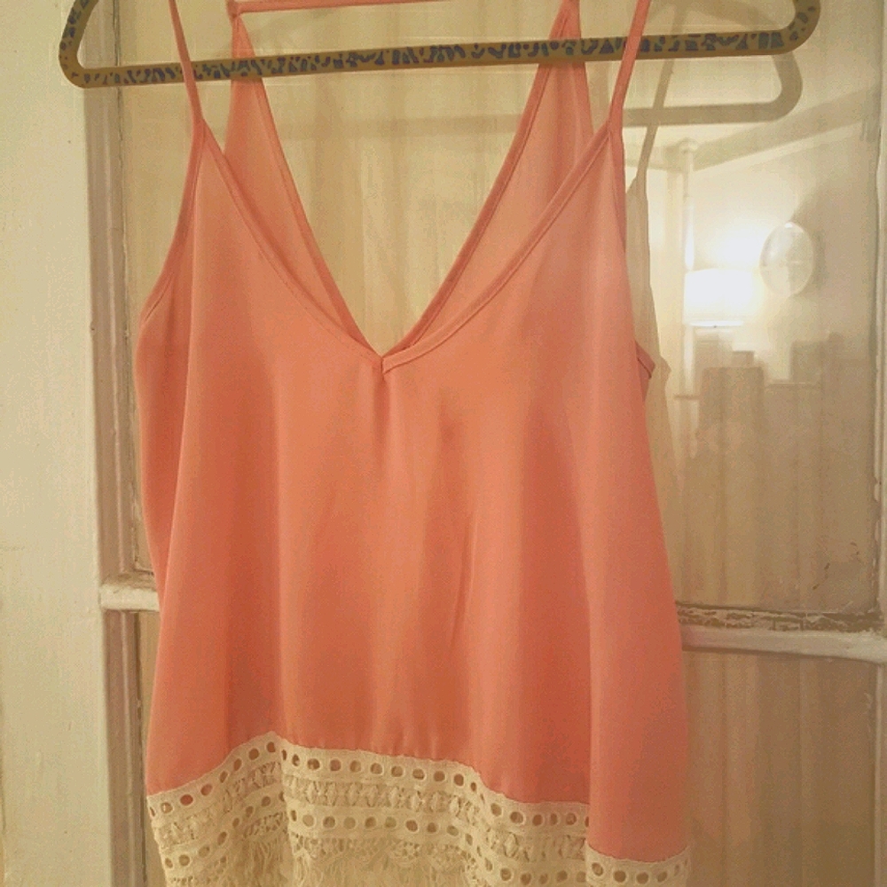 Vintage Coral & Ivory Sleeveless V-neck Top, S-M